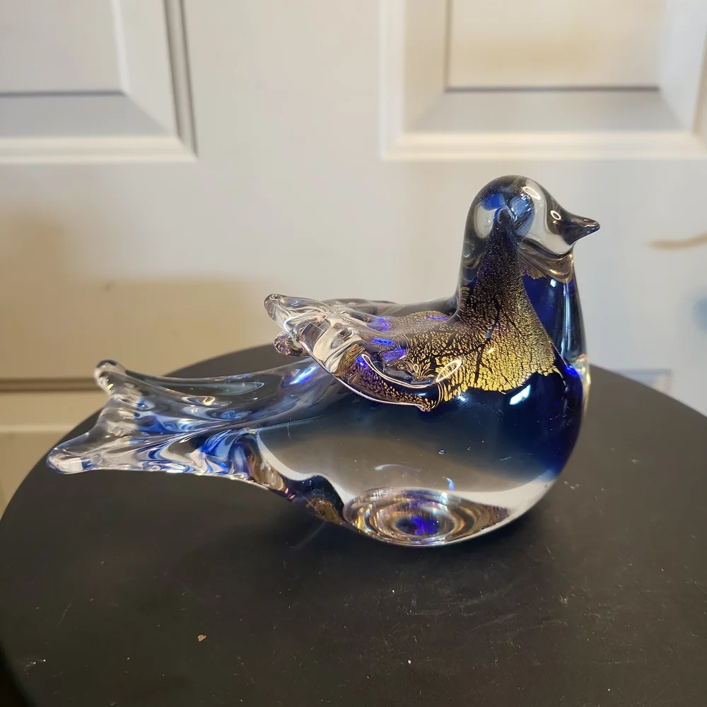 Hand Blown Glass Blue Bird with Gold Flakes - Picture 1 of 10